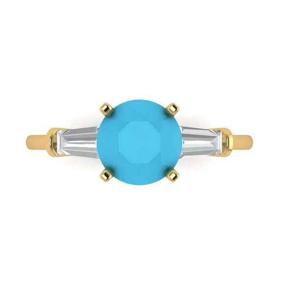 2 ct Round Cut Simulated Turquoise Three-Stone Engagement Ring for Women in 14K Yellow Gold