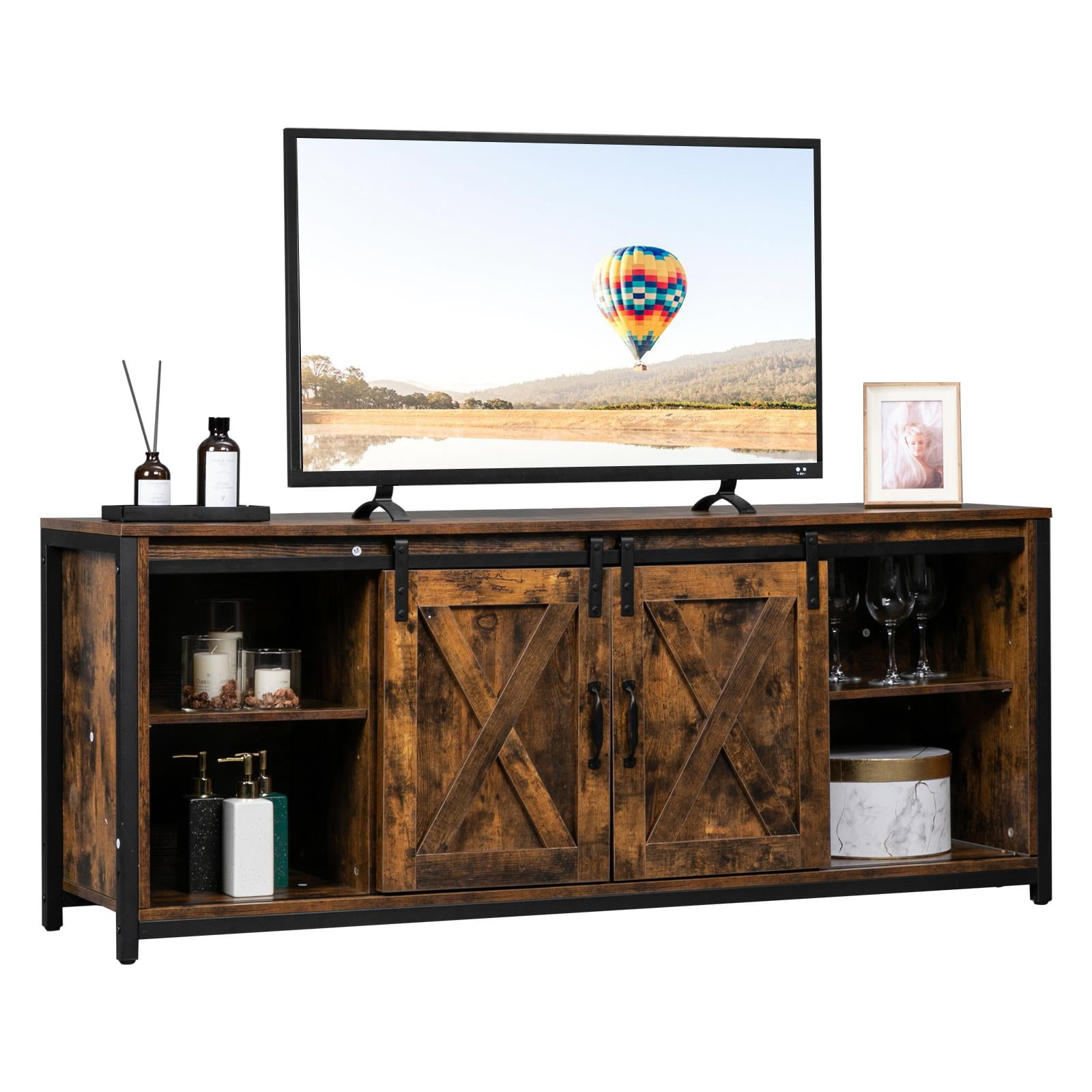 Rustic Wood Glass Tv Stand Weathered Storage Cabinet Shelves Media Center Table 