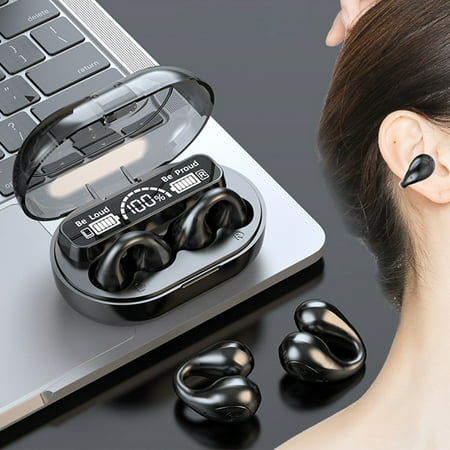 Earphone wireless Hwkond Bluetooth Sports Headphones Wireless Earbuds Bluetooth Ear Clip Type Light-Weight Headphones Built-in MicrophoneWith Charging Case Black Up To 60% Off