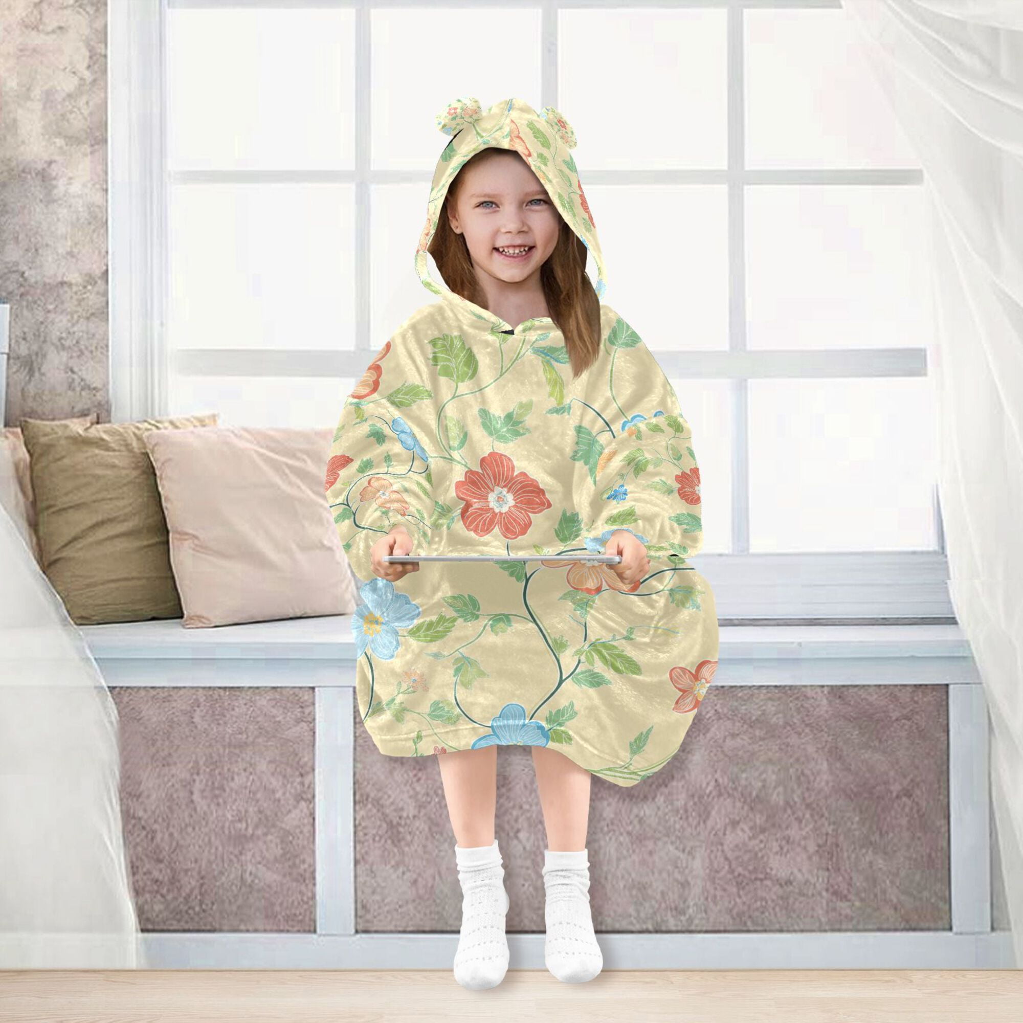FORMRS Wearable Blanket Hoodie with Sleeves for Kids Cozy Flannel Sweatshirt, Colorful Flower