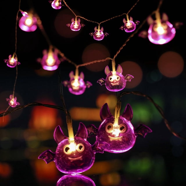2Pcs Halloween String Lights 9.8ft 20 LED Skeleton Pumpkin Ghost Bat Hanging Fairy String Lights with Battery Powered for Window Courtyard Decoration