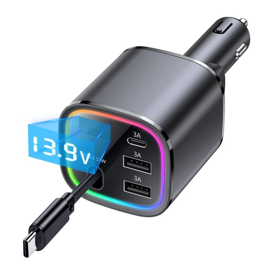 99W Fast Car Charger Adapter, 4 in 1 charging, UL Safety Certification, Type-C, Lightning Charging Plug, USB C & USB A Ports, For Road Trips & Daily Commute, Compatible with Most mobile phones