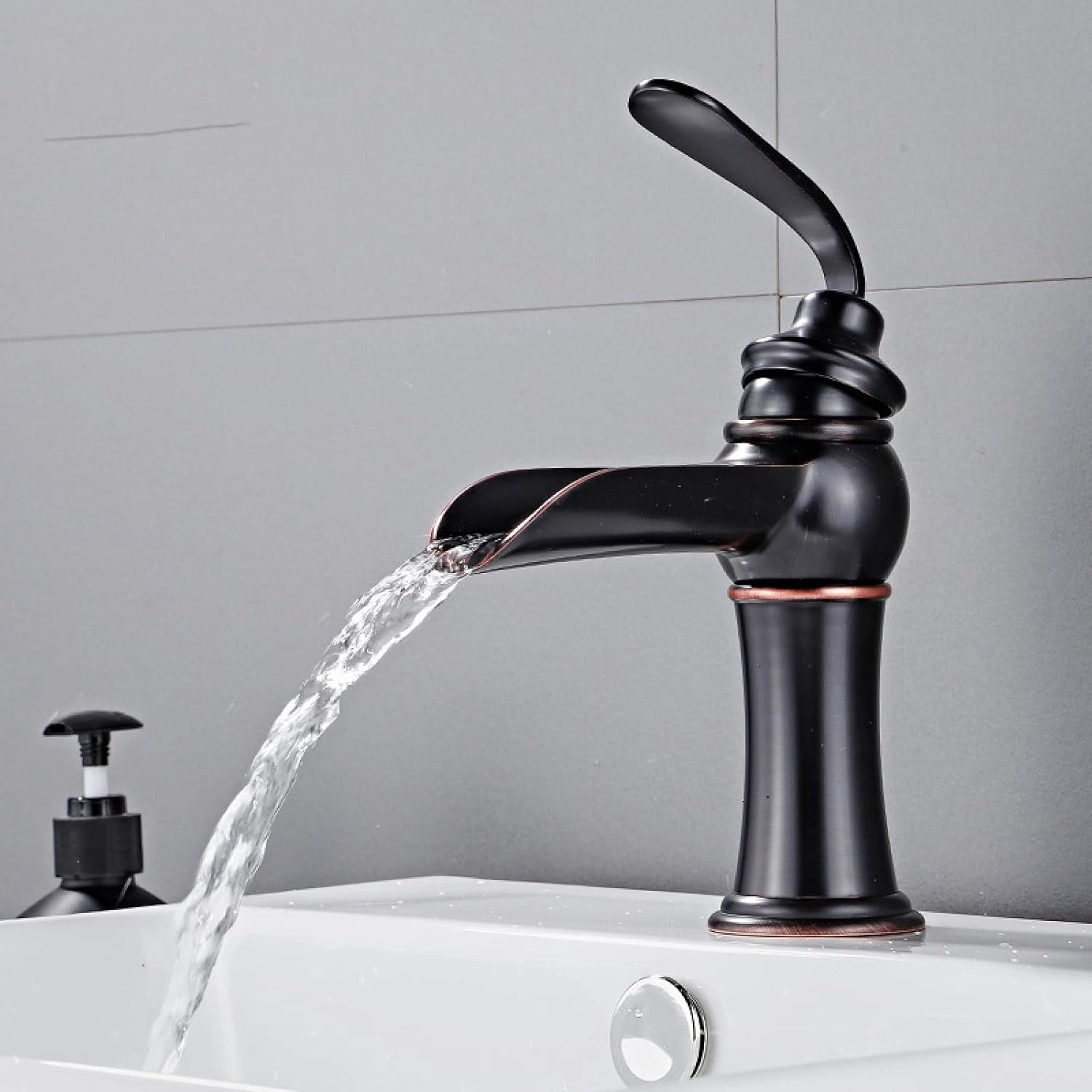 Waterfall Faucet for Bathroom Sink Black, Solid Brass, Hot and Cold Sink Mixer Tap Faucet, Waterfall Single Handle Bathroom Sink Faucet, high