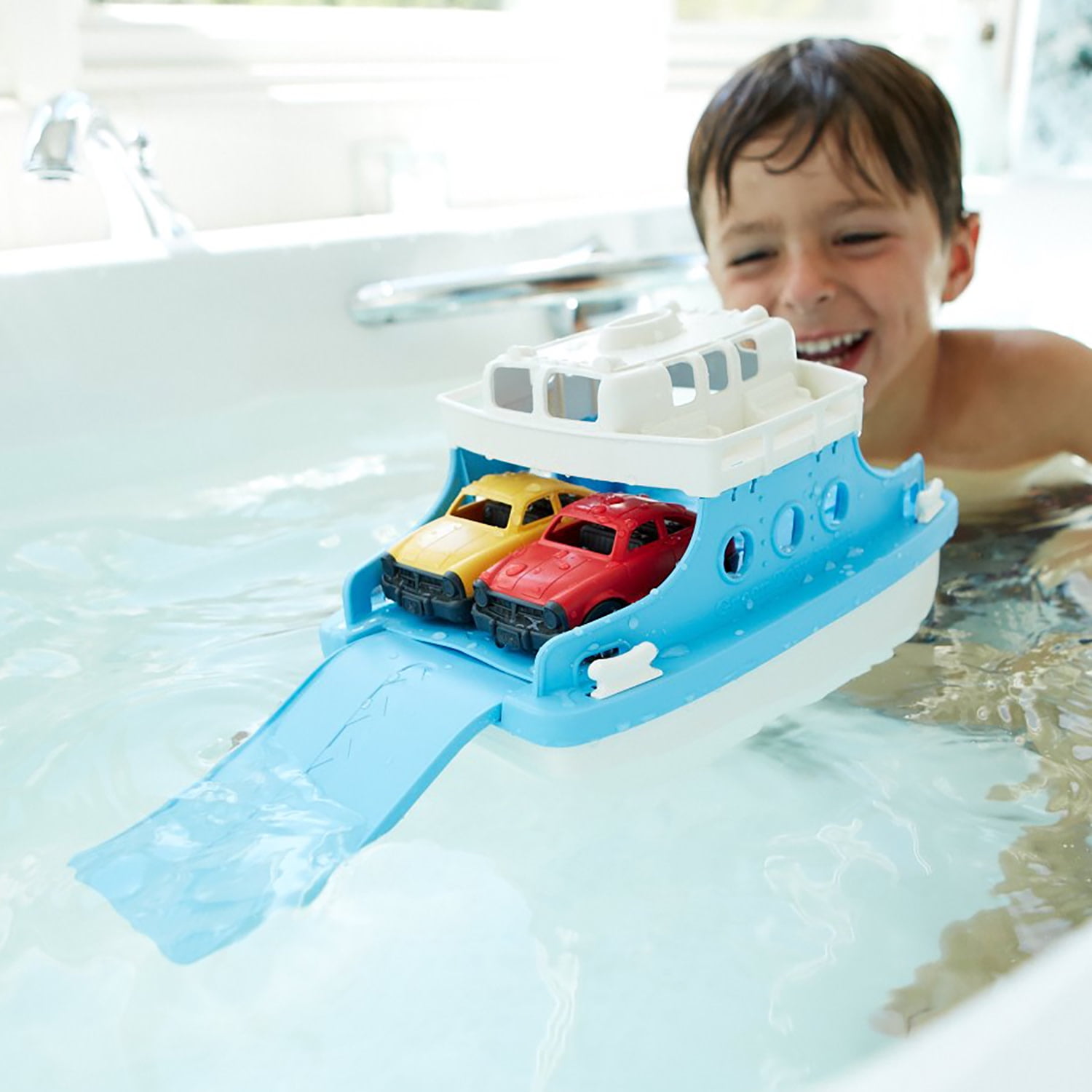Green Toys: Ferry Boat - Blue & White - Floating Toy Vehicle & 2 Mini Cars, Water & Bathtub Play, Loading Ramp, In/Outdoor, Recycled Material, Kids 3+