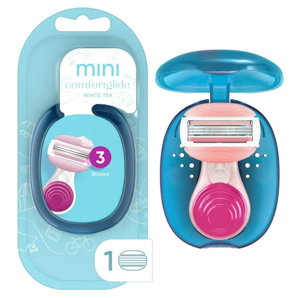 Manche de rasoir miniature pour les déplacements Gillette Venus pour femmes avec 1 cartouche de rechange GlisseConfort au parfum Thé blanc et 1 étui de voyage 1CT