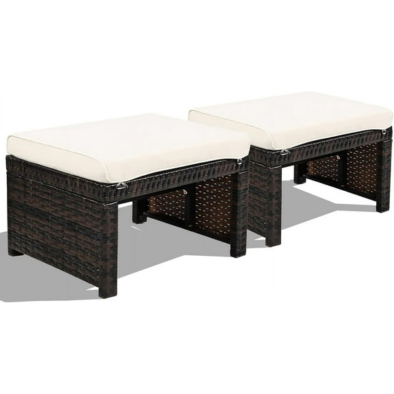 HAPPYGRILL 2 Piece Outdoor Wicker Ottomans, Patio Rattan Footstool with Cushions, Solid Steel Frame, Multifunctional Ottomans for Poolside Backyard Balcony