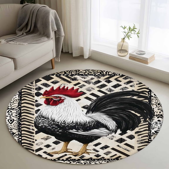 Vintage Rooster Round Rug 3ft Washable Circle Entryway Rugs Non Slip Farmhouse Black White Animals Watercolor Area Rug Indoor Floor Carpet for Bedroom Kitchen Living Room Home Office Dining Room