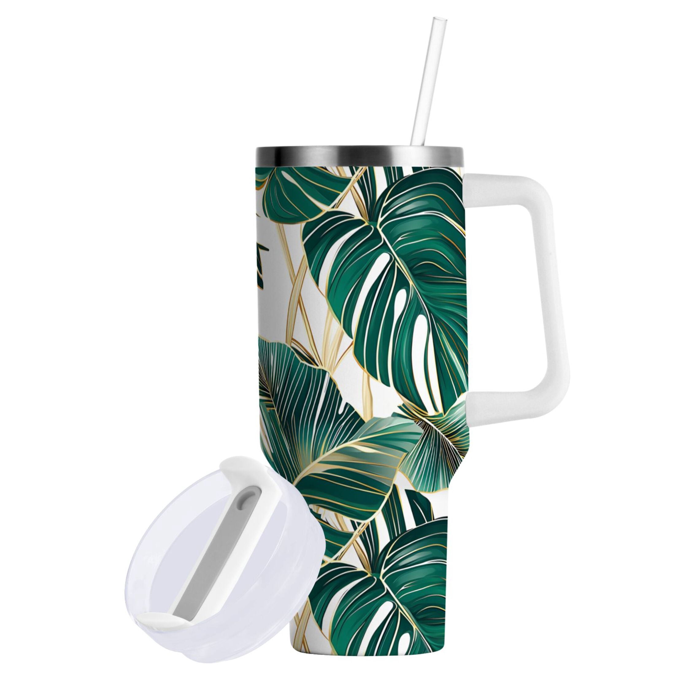 Ryvnso 40 oz Tumbler with Handle and Straw Tropical Leaves Green Insulated Stainless Steel Travel Mug with Lid