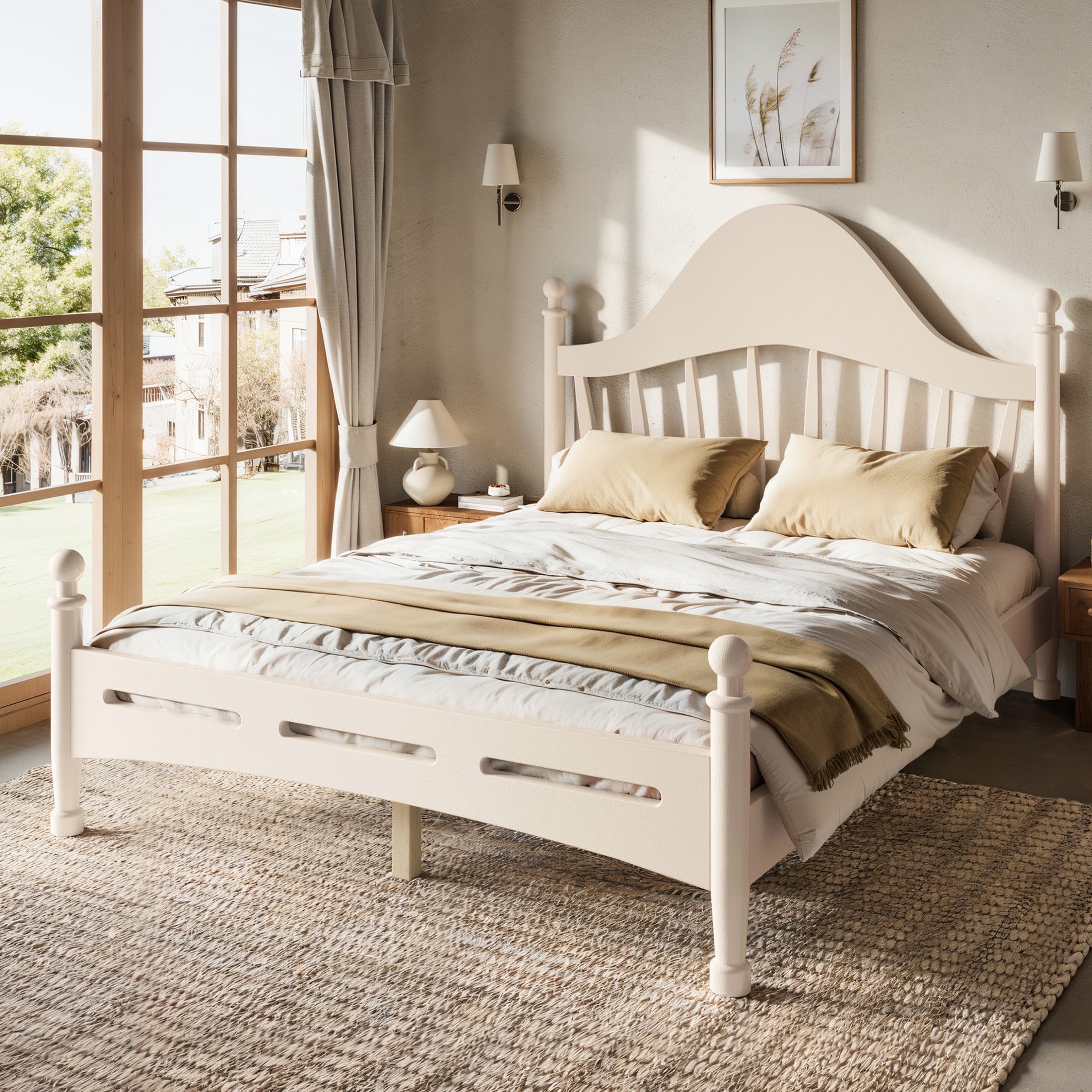 GDF Studio Full Size Platform Bed with Curved Headboard, Solid Pine Frame, Slatted Support, Beige