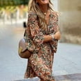 thumbnail image 3 of MORTTIC Plus Size Women's Floral Print Boho V-Neck Long Sleeve Midi Dress with Drawstring Waist Summer Vacation Brown，4XL, 3 of 7