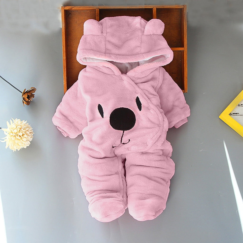 Hienoo Newborn Girlss Fleece Warm Jumpsuit Cartoon Bear Hooded Romper Cute Baby Soft Onesies