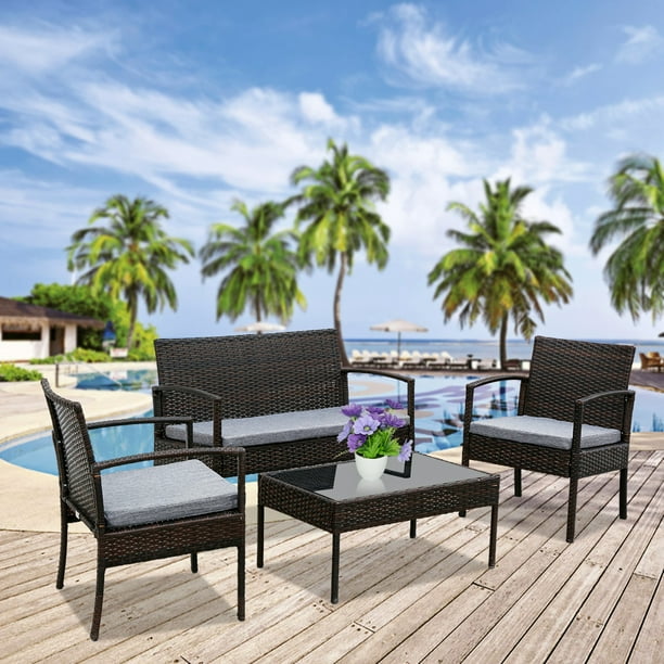Oshion 4 PCS Outdoor Patio Rattan Wicker Furniture Set With Table Sofa