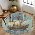 thumbnail image 2 of Round Area Rugs Collection 7 Ft, Vintage Sailboat Non-Slip Residential Carpet, Blue Ocean Seaports Anchors Farmhouse Wood Indoor Crawling Mats Runner Rugs for Living Room/Dining Room/Bedroom, 2 of 8