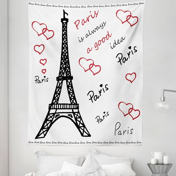 Eiffel Tower Tapestry, Eiffel Tower Paris is Always an Idea Tourism Locations Love, Fabric Wall Hanging Decor for Bedroom Living Room Dorm, 5 Sizes, Red Black White, by Ambesonne