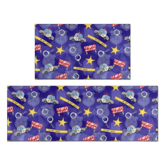Police and Star Purple Pattern Anti Fatigue Kitchen Rugs Set Of 2, Non Slip Washable Decorative Floor Mats for Kitchen Sink Laundry, 17"x30" and 17"x47"