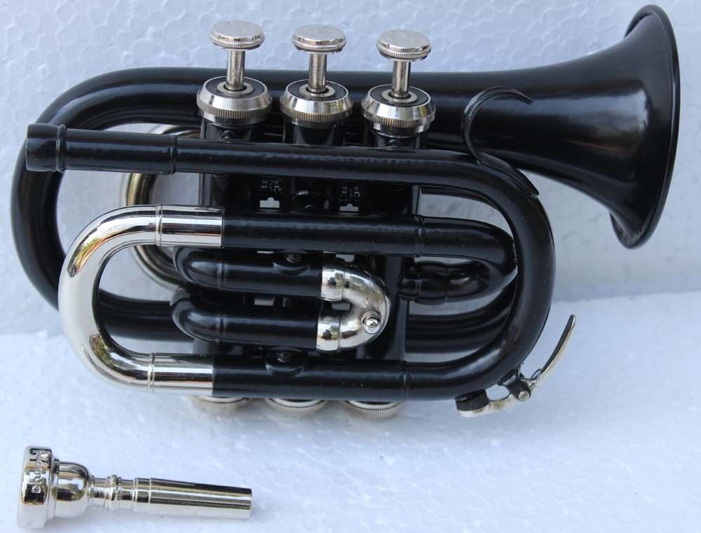 SALE ON Bb Flat Black nickel Finishing Pocket Trumpet W/Free Case+Mouthpiece