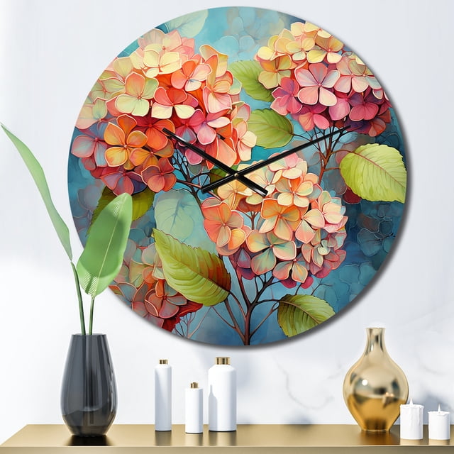 Designart "Coral Hydrangea curious" Floral Oversized Wall Clock
