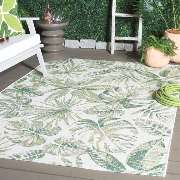 SAFAVIEH Courtyard Jaylen Botanical Indoor/Outdoor Area Rug, Ivory/Green, 5'3" x 7'7"