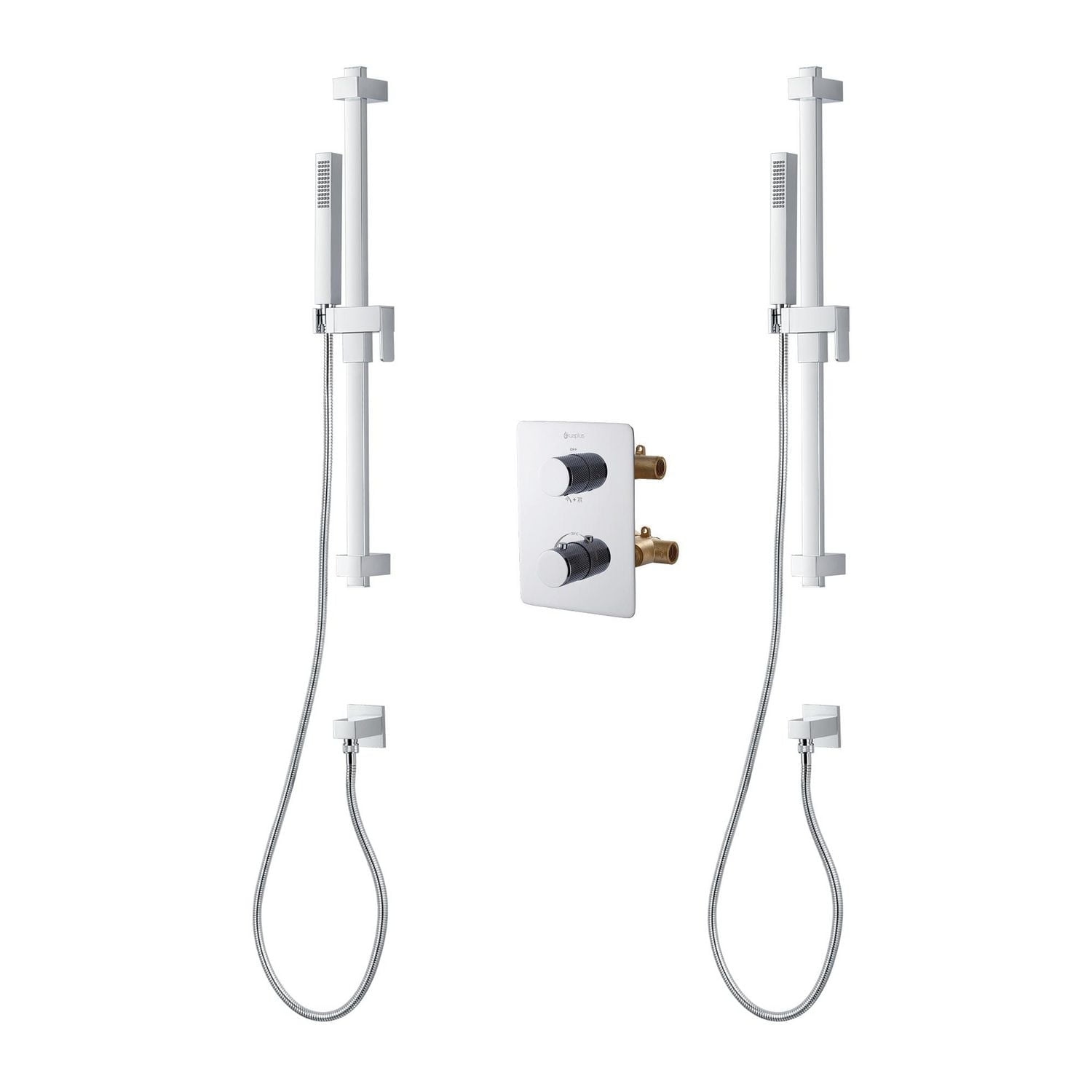 Ensemble de douche thermostatique carré d'akuaplus(MD) avec Déviateur 4 voies et avec arrêt, 2 douchettes, 2 barres de douche murals, Fini chrome