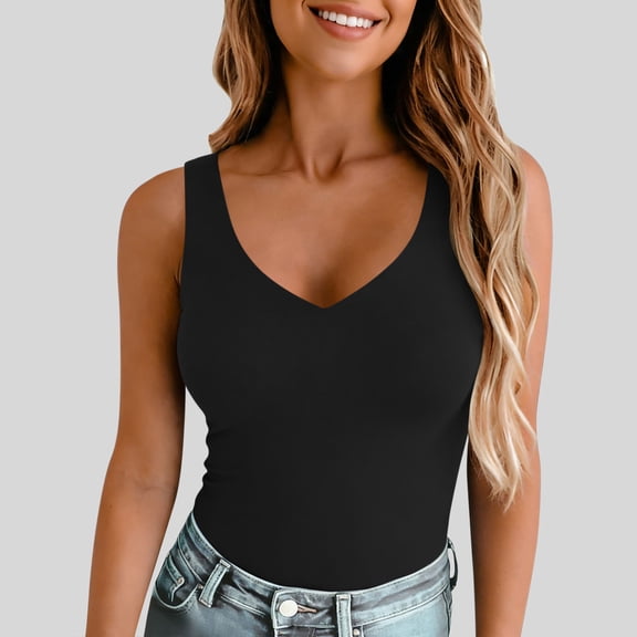 Gamivast Sleeveless Tank Tops for Women V Neck Basic Summer Tops Trendy Wide Strip Cute Tank Tops Casual Lounge Shirts Black M