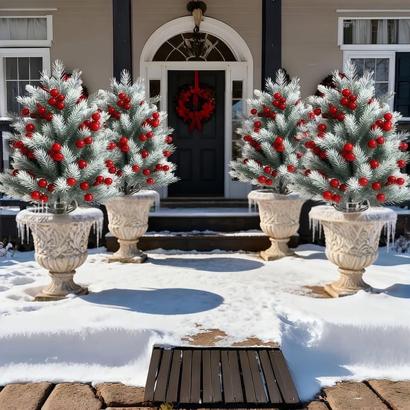 xihome Árbol de Navidad artificial de 57 pulgadas con bayas rojas, planta de plstico decorativa para interiores y exteriores, jardn, patio y decoracin de mesas.