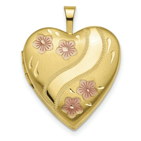 14k Yellow Gold 20mm Pink Enameled Flowers Heart Photo Pendant Charm Locket Chain Necklace That Holds Pictures Gifts For Women For Her