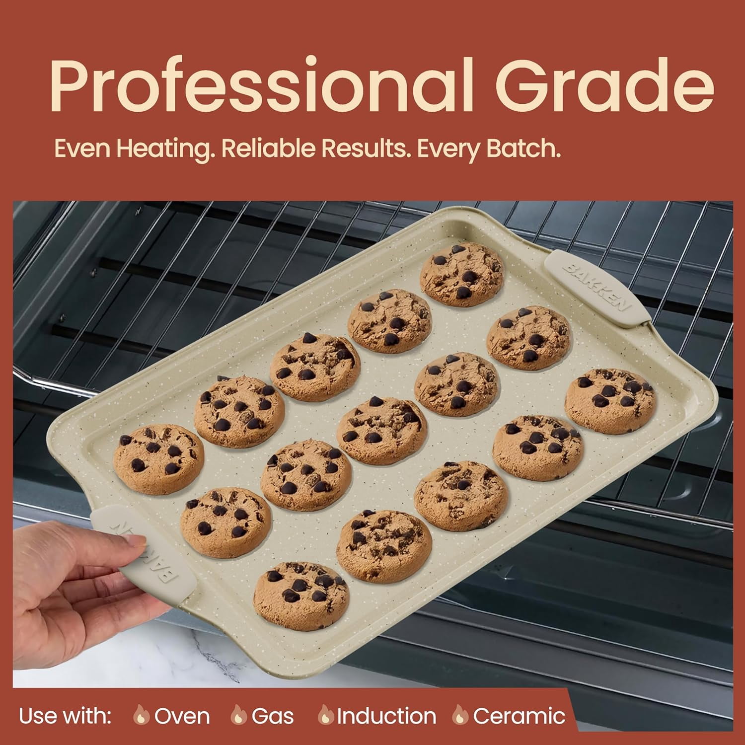 BAKKEN Kitchen Baking Pans – Medium (15.15" × 10.03") & Large (17.1" × 11.8") Nonstick Cookie Sheets, Carbon Steel with White Silicone Handles, Oven Safe Up to 450°F, 2-Piece Set