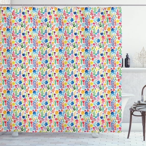 Floral Shower Curtain, Vibrant Watercolor Brush Stroked Spring Flowers Tulips Roses Pansies and Wild Herbs, Fabric Bathroom Set with Hooks, 69W X 70L Inches, Multicolor, by Ambesonne