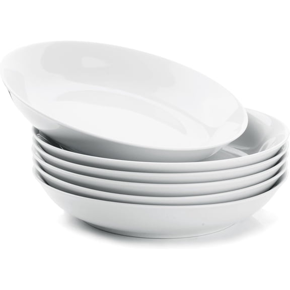 White Pasta Bowls Set of 6, Ceramic Salad Bowls 8 inch, Shallow Soup Bowl 22 oz, Porcelain Small Serving Dishes for Spaghetti, Dinner