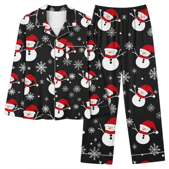 Lorytime Cute Christmas Pjs Sets for Women Snowman Long Sleeved Collared Tops Elastic Waist Pants Soft Sleepwear