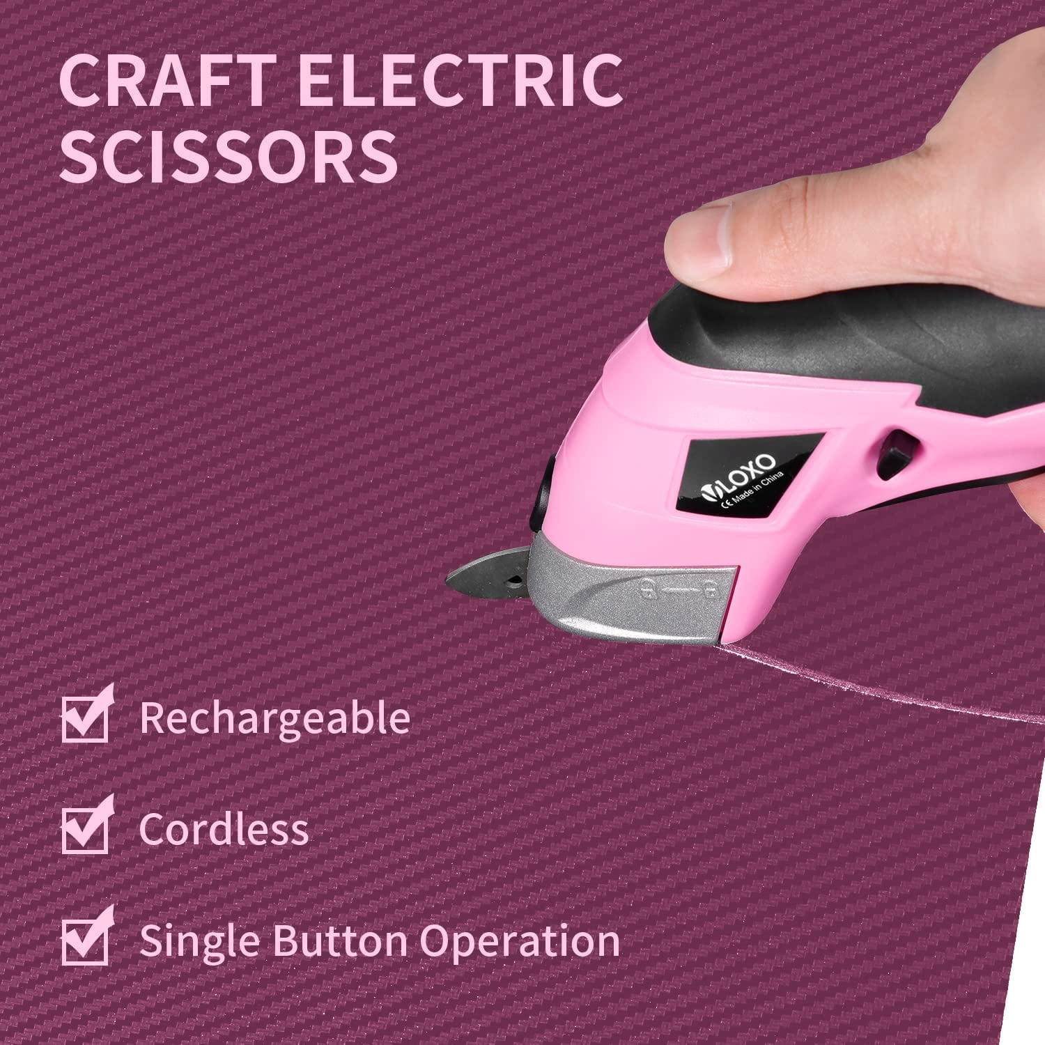 VLOXO Pink Power Electric Fabric Cutter - Cordless Craft Scissors for Cardboard, Carpet, Sewing, Crafts and Scrapbooking