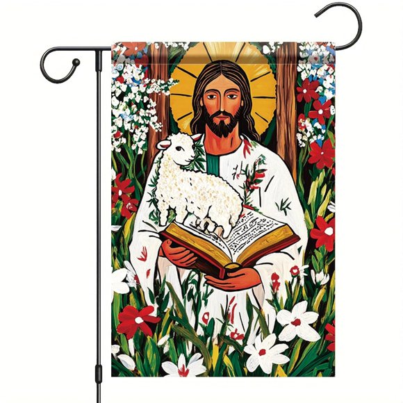 shiyou-Easter Christian Garden Flag 12x18 Double Sided Religious Yard Flags for Outside Jesus Lamb Flower Bouquet Christian Holiday Deocr Outdoor Spring Garden Yard Flag