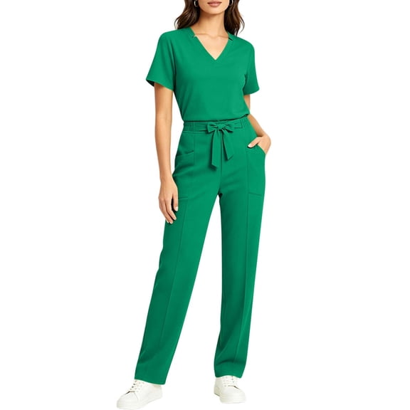 Ynynloco Scrubs Set for Women Breathable Medical Uniform–Cool Stretch V-Neck Top & Straight Leg Pants with Pockets for Nurse Clinical Workwear
