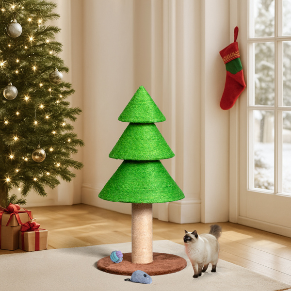 Christmas Tree Cat Scratcher Tower (31.5in), Grass Green Festive Design, Sisal Rope Scratching Post, Fleece Lounge Base for Indoor Cats