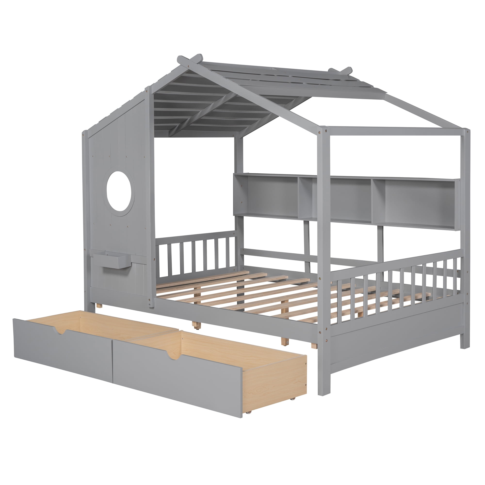 Harper & Bright Designs Full Size House Bed with Roof and Window, Wooden Daybed Frame with Shelves and 2 Drawers for Girls Boys, Gray