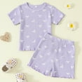 thumbnail image 2 of FINALGANG Girls Outfit Kids Bow Print Ribbed 2 Piece Set Short Sleeve Crewneck Top Elastic Waisted Stretch Shorts Outfit For Summer Casual Daily Wear, 2 of 9