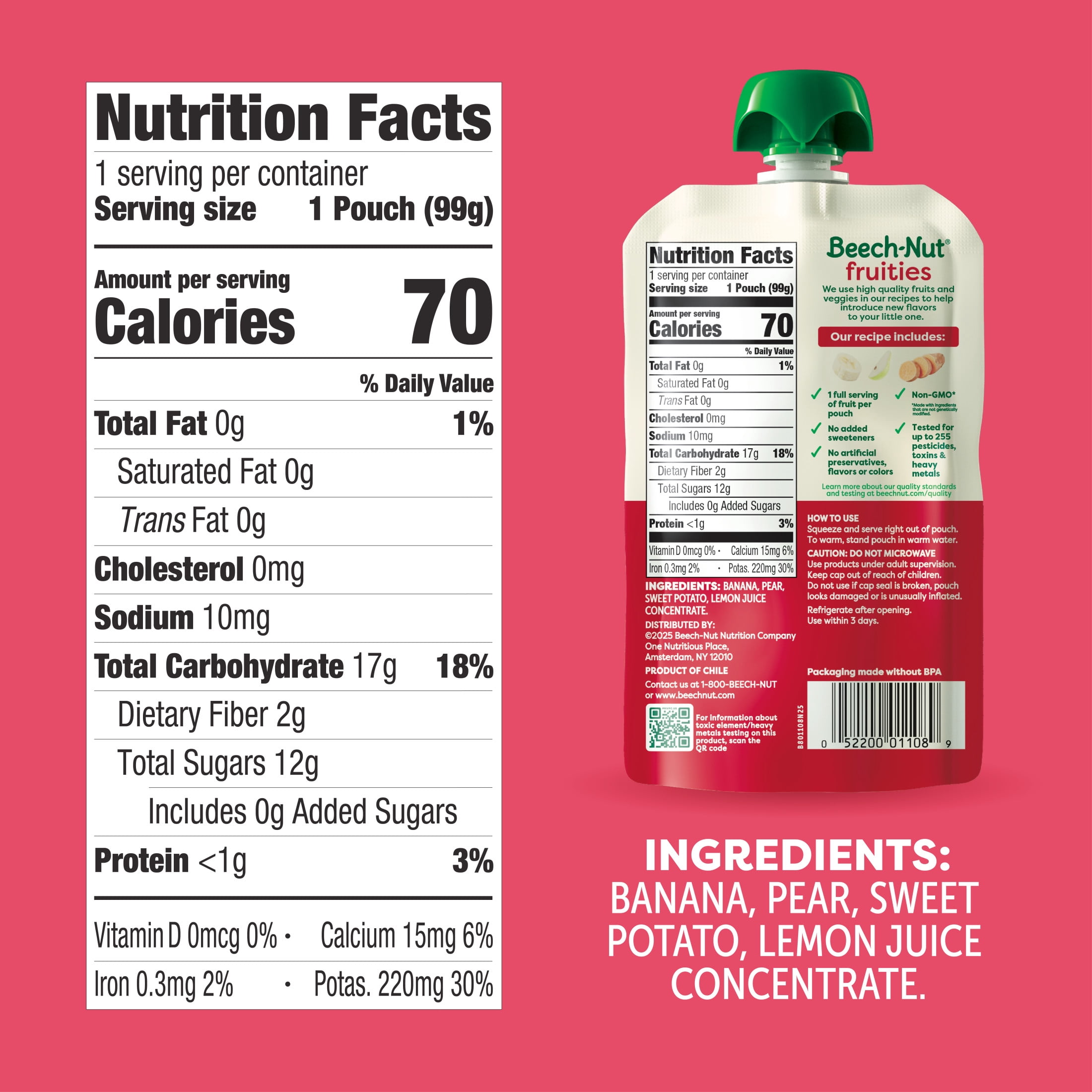 Beech-Nut Fruities Stage 2 Baby Food, Banana Pear & Sweet Potato, 3.5 oz Pouch