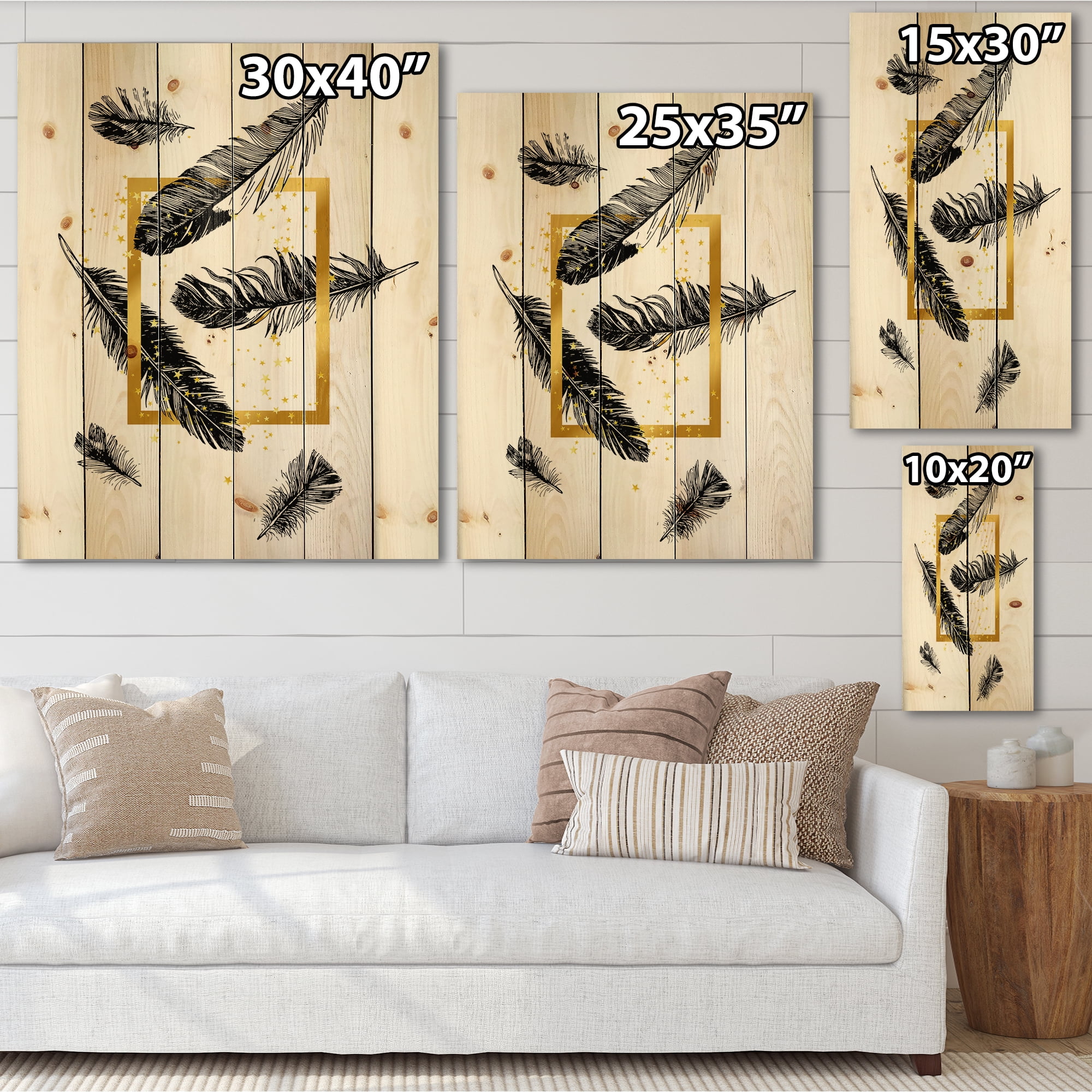 Designart 'Feathers and Golden Frame' Bohemian & Eclectic Print on Natural Pine Wood