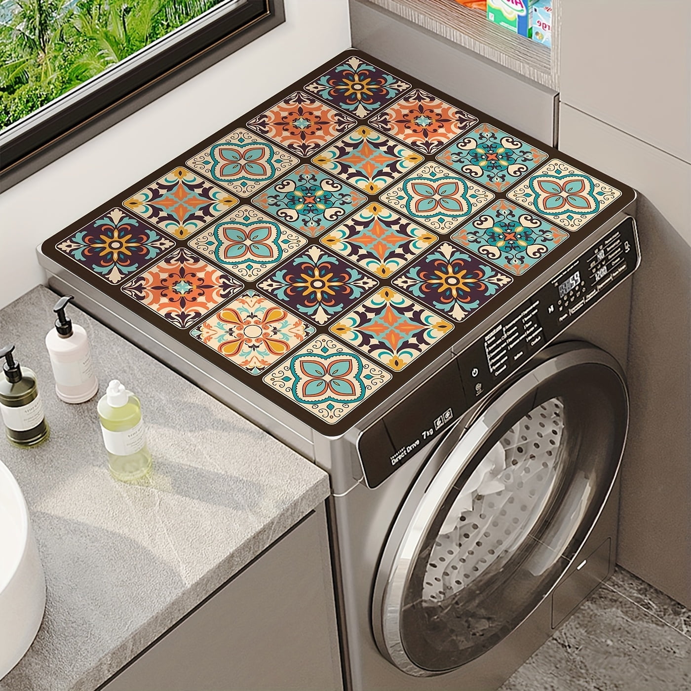 Vintage Mosaic Washing Machine Cover, Waterproof and Durable Diatomaceous Earth Material, 23.62" x 19.69", Ideal for Kitchen or Laundry Room, Perfect