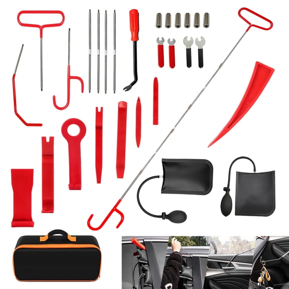 29-Piece Stainless Steel Car Tool Set, 59-inch J-Hook for Emergency Unlocking of Car Windows and Doors, Spare Key Hook