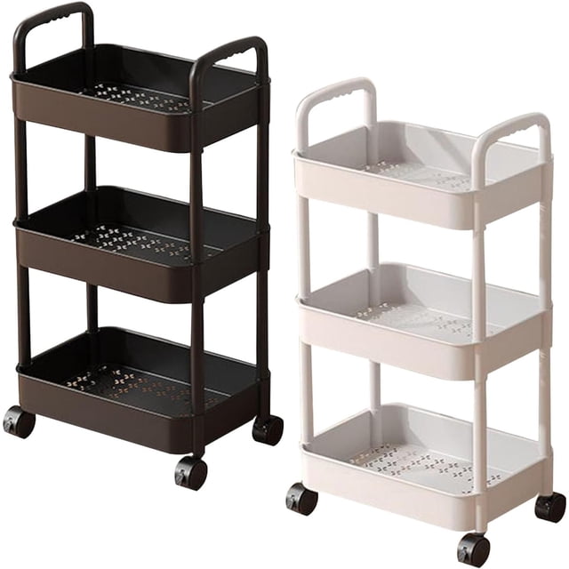 2PCS Rolling Utility Cart with Drawer 3 Tier, Easy to Assembled, Utility Storage Organizer with Plastic Shelf & Lockable Wheels for Kitchen, Bathroom, Office (2PCS Black and White)