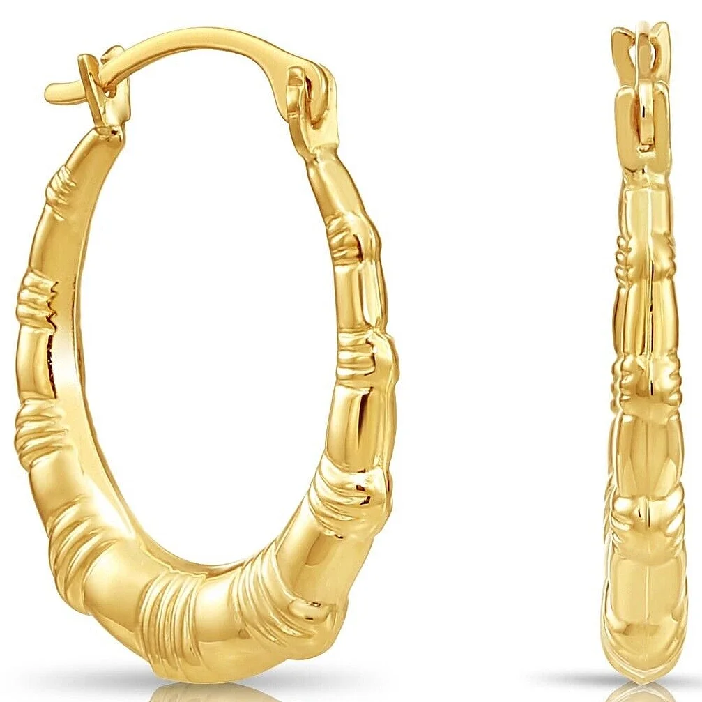 Tilo Jewelry 14K Yellow Gold Dainty Puffy Curved Oval Small Hoop Earrings (18mm) for Women & Unisex