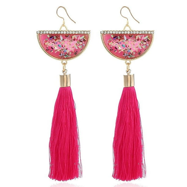 Nvzi Pendientes y aretes para hombre, aretes de diamantes con incrustaciones de metal, aretes largos con borlas en forma de abanico (rosa)