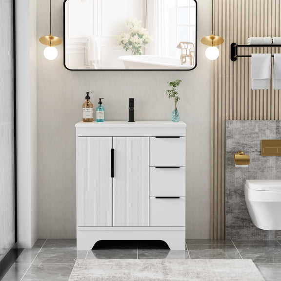 Eclife 30-inch Bathroom Vanity with Integrated Sink, Soft-Close Hinges, Fluted Door Design, Mid-Century Modern