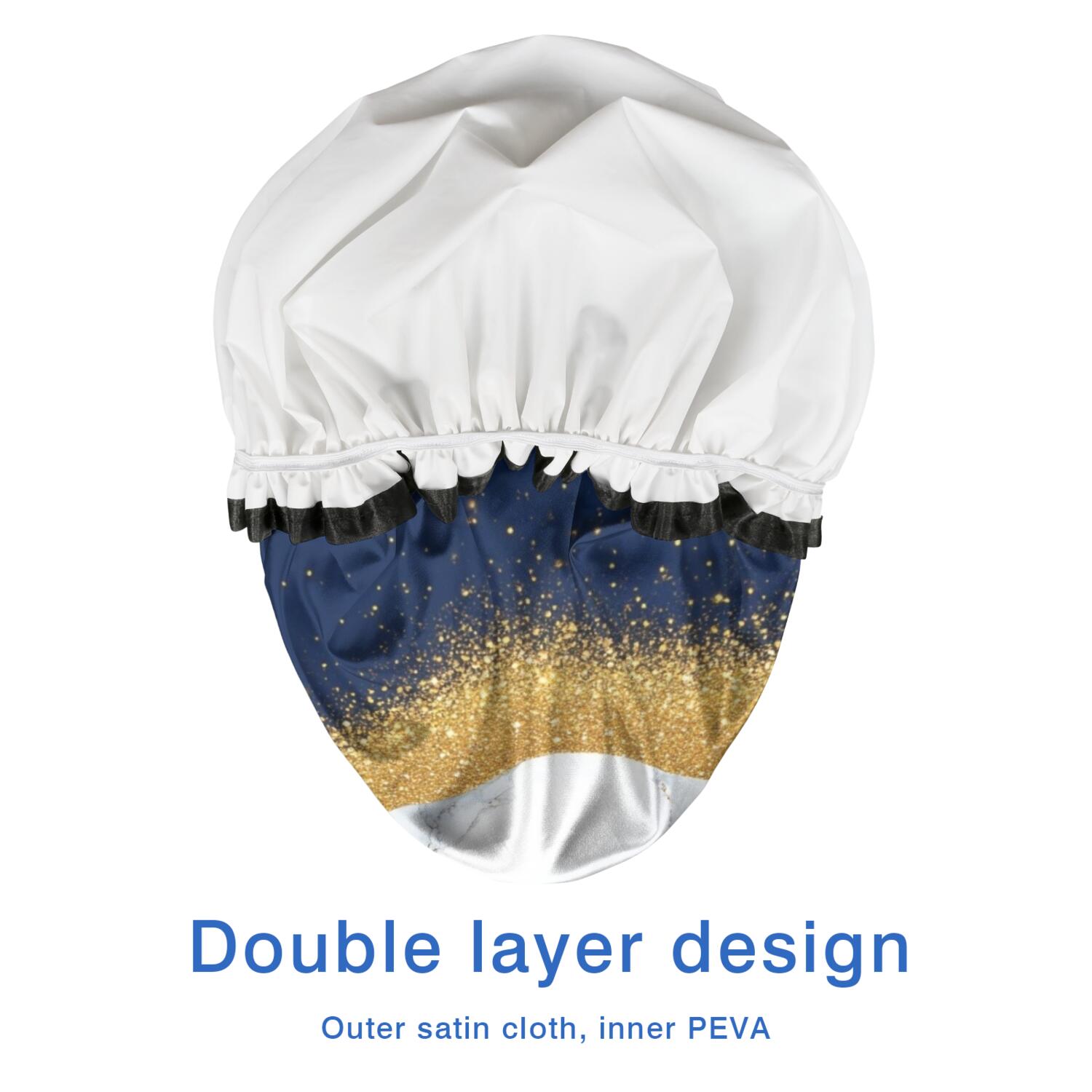 Shower Caps,Blue and Gold Marble Glitter Waves Pattern Waterproof Shower Cap for Women 4 Pieces,Double Reusable Hair Cover for Shower PEVA Elastic Stretch Hem