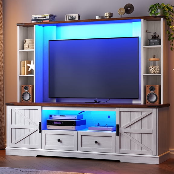 melmine Farmhouse Entertainment Center with Bookshelves,TV Stand for TVs Up to 80",Media Console with LED Lights,Charging Station & Storage,White