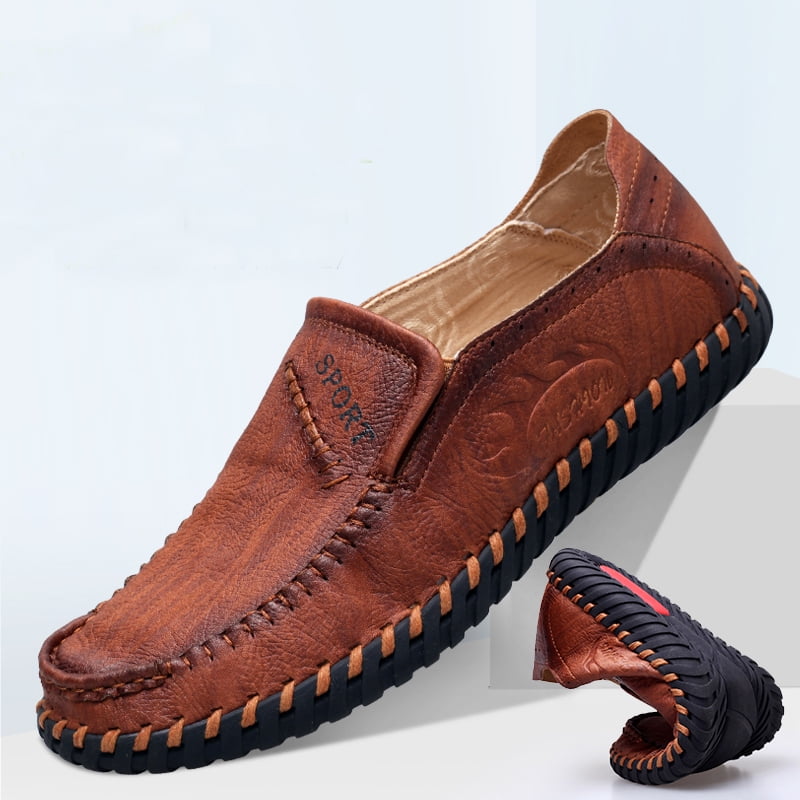 men's hand stitching stylish soft sole slip on loafers casual leather shoes