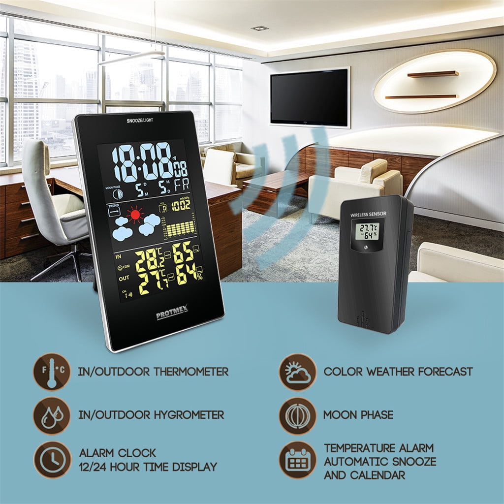 Fdelink Clock Lcd Humidity Digital Calendar Clock Weather Alarm Display Colorful Clock Weather Clock (Black)