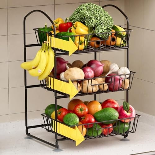 3 Tier Fruit Basket with 2 Banana Hangers, Detachable Countertop Fruit Vegetable Basket Bowl for Kitchen Counter Metal Mesh Basket Fruits Stand for Storage Potato Onion Bread Snack Veggie