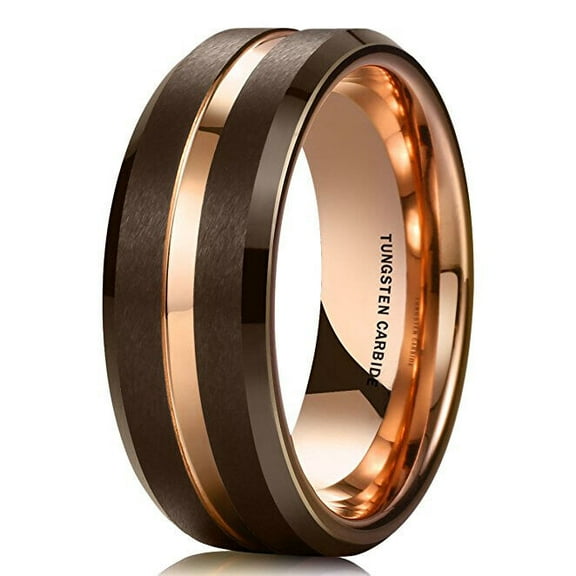 Wedding Ring Men & Women 8mm Brown & Rose Gold Groove Tungsten Wedding Band